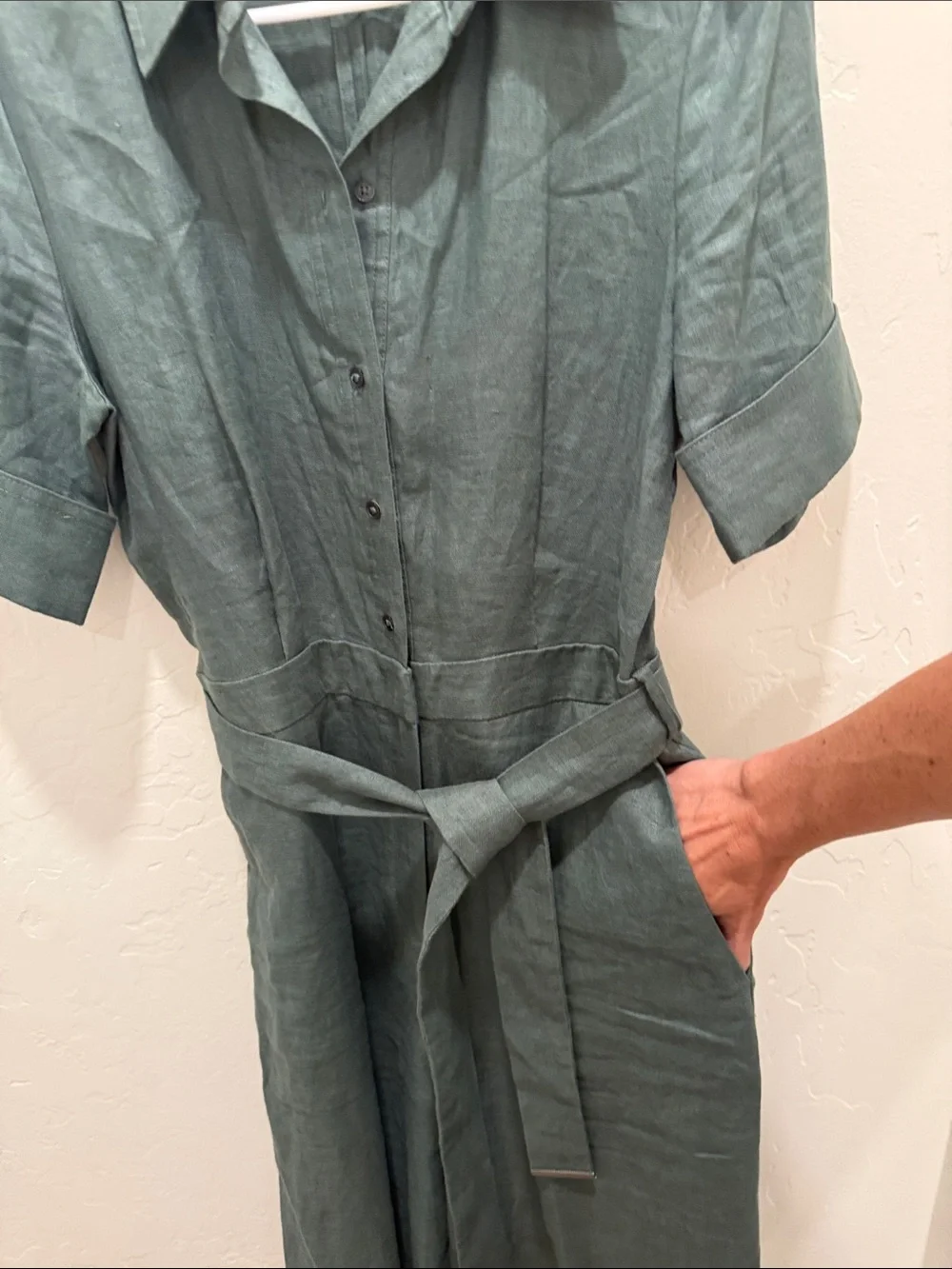Mango MNG Sage Green Linen Belted Jumpsuit Size Medium